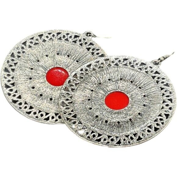 Bohemian Vintage-Style Silver & Red Statement Earrings - Picture 4 of 5